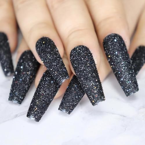 Press on Nails – Long Coffin Fake Nails with Bling Glitter, Glitter05Black