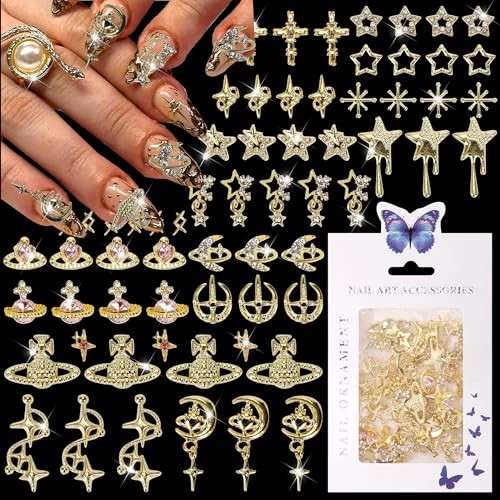 60PCS Gold Nail Charms Cross Star Charms for Nails 3D Saturn Planet Nail gold