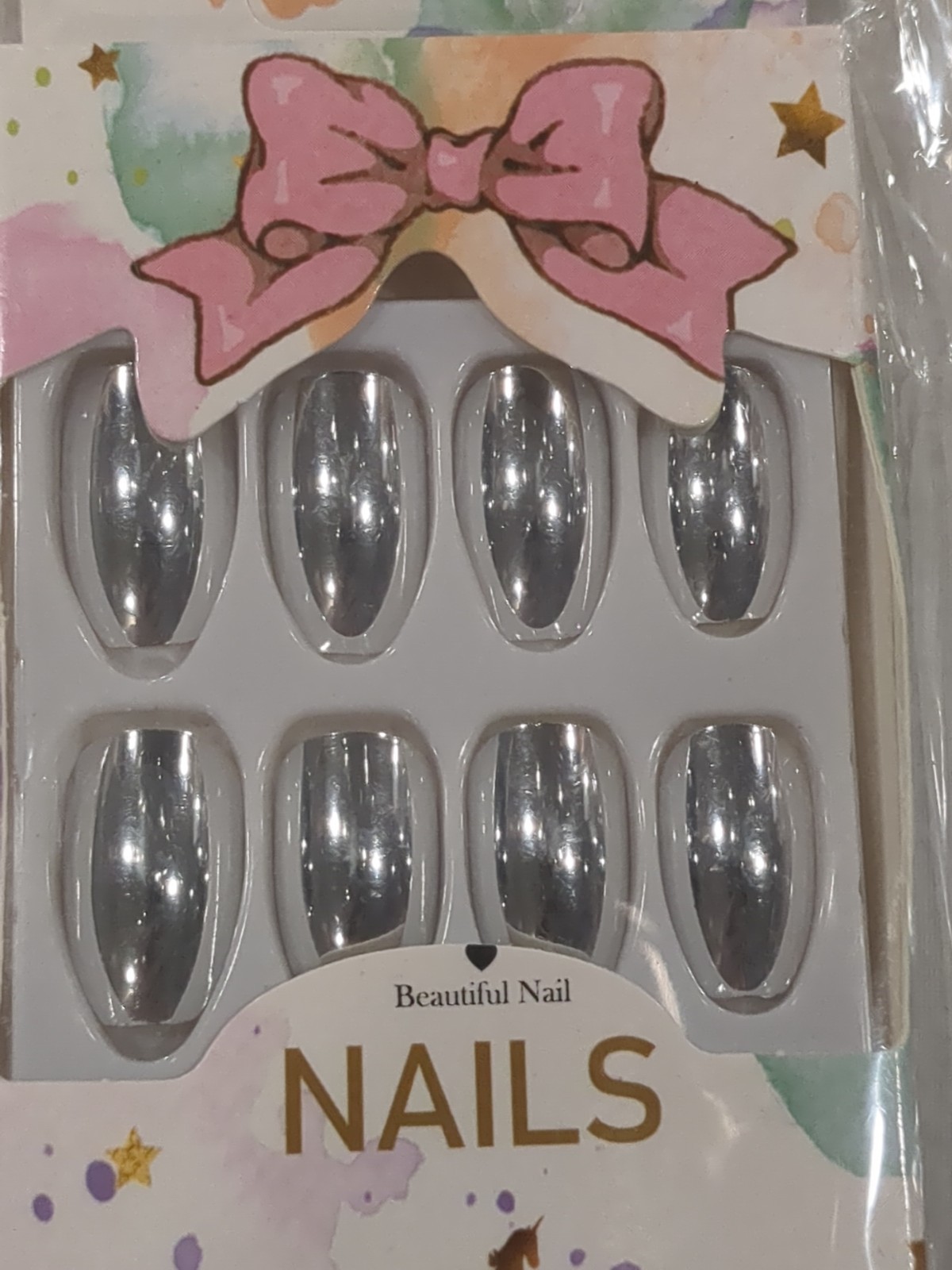 False Nail Sets- Lot Of 3-Press On Nails- Pink & Silver, Coffin & Almond- New