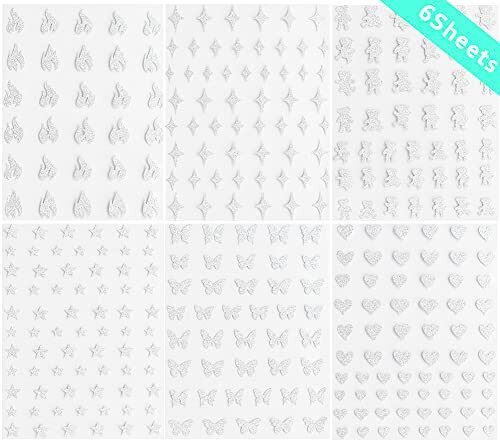 6 Sheets Silver Nail Art Stickers Decals Glitter Nail Supplies 3D Self Design 5