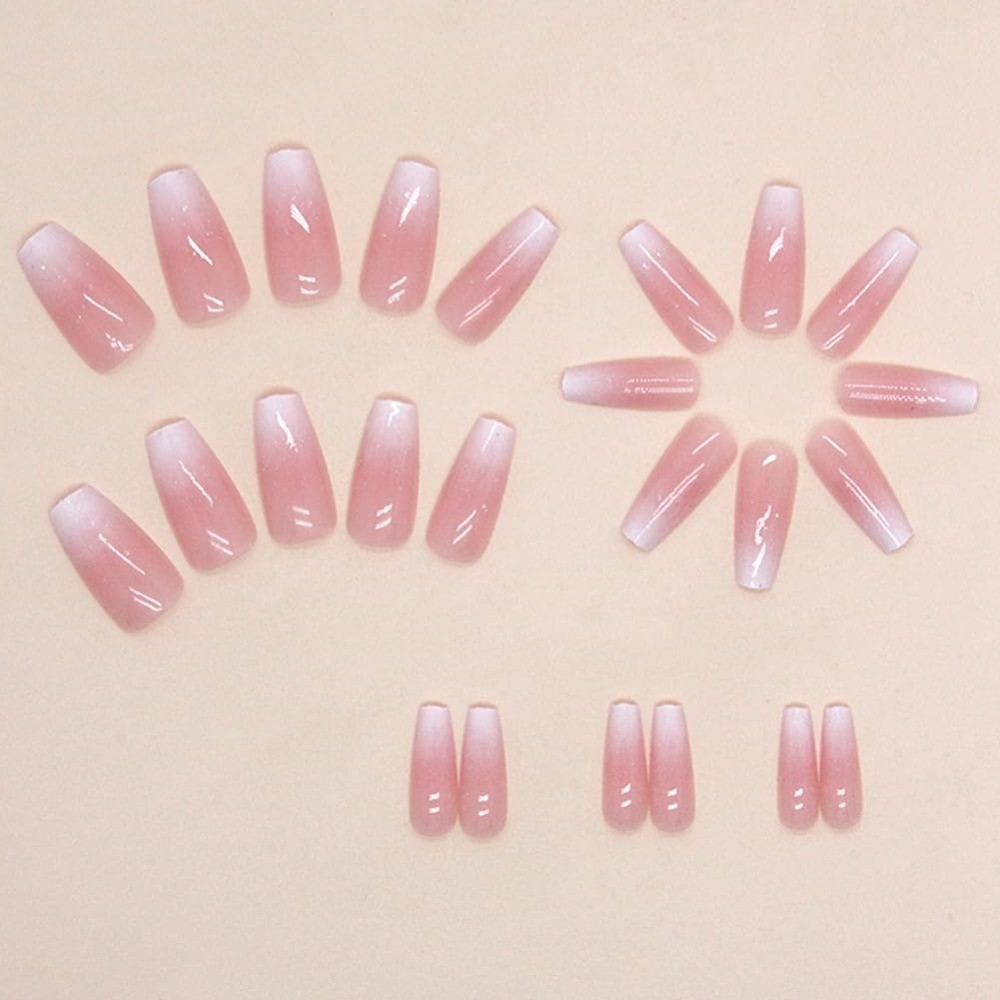 Long false nails, pink and white gradient, 30 pieces