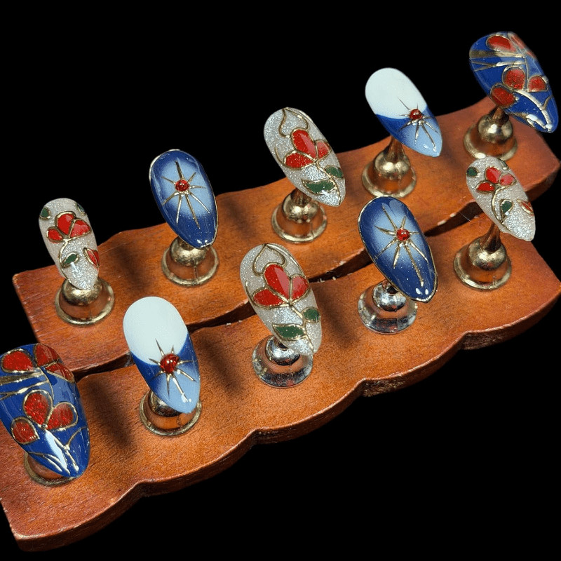 Handmade Floral Starburst Gold Press on Nails Medium Almond Blue Red Enamel Art