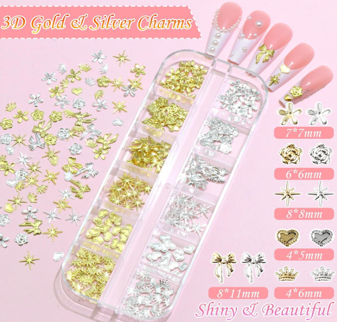 3 Sets See Pics Gold Nail Charms 160Pcs 3D Butterfly, Cherry Heart, Cross, Bow