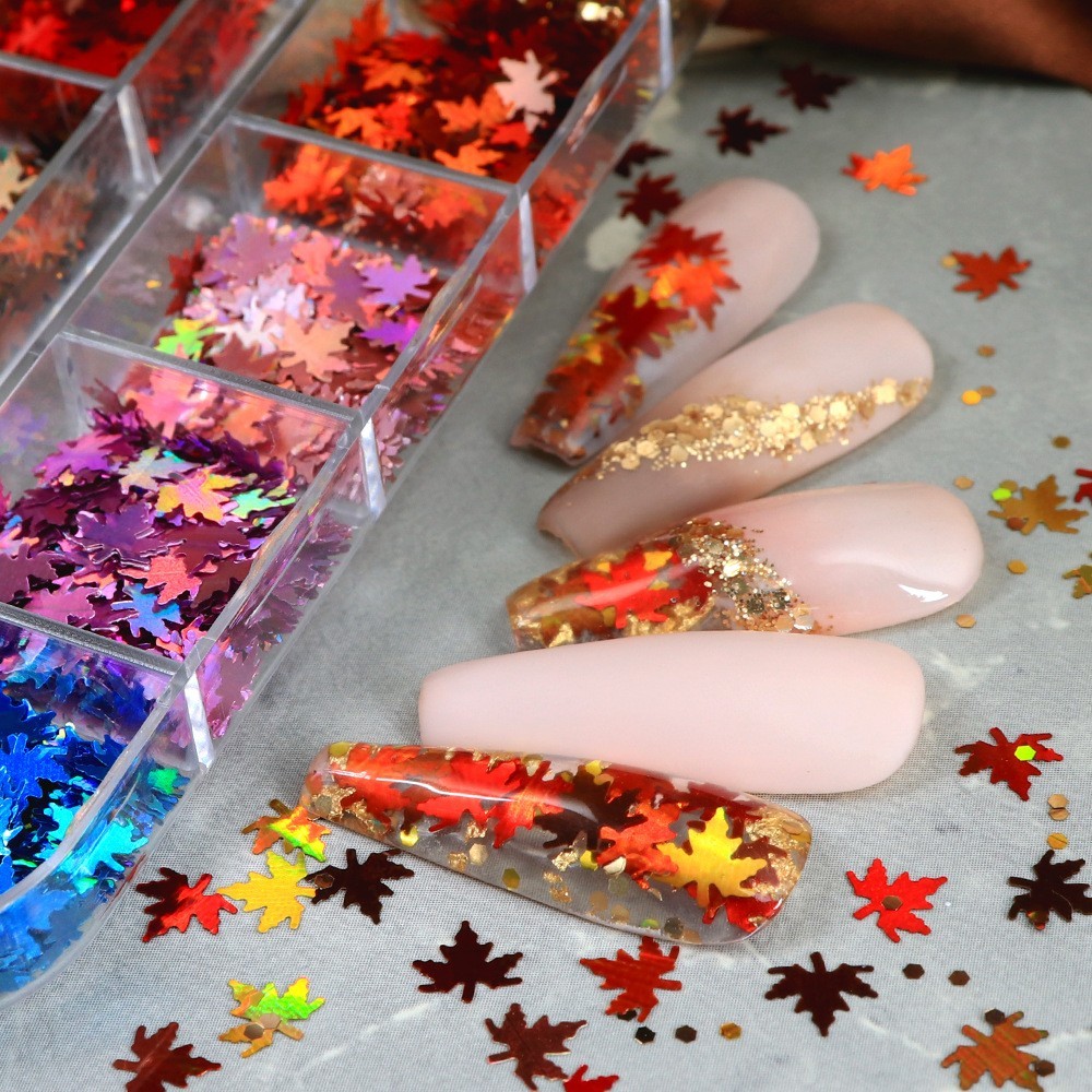 12 Grids Maple Leaf Nail Art Sequins Autumn Glitter Flakes Nails Decoration