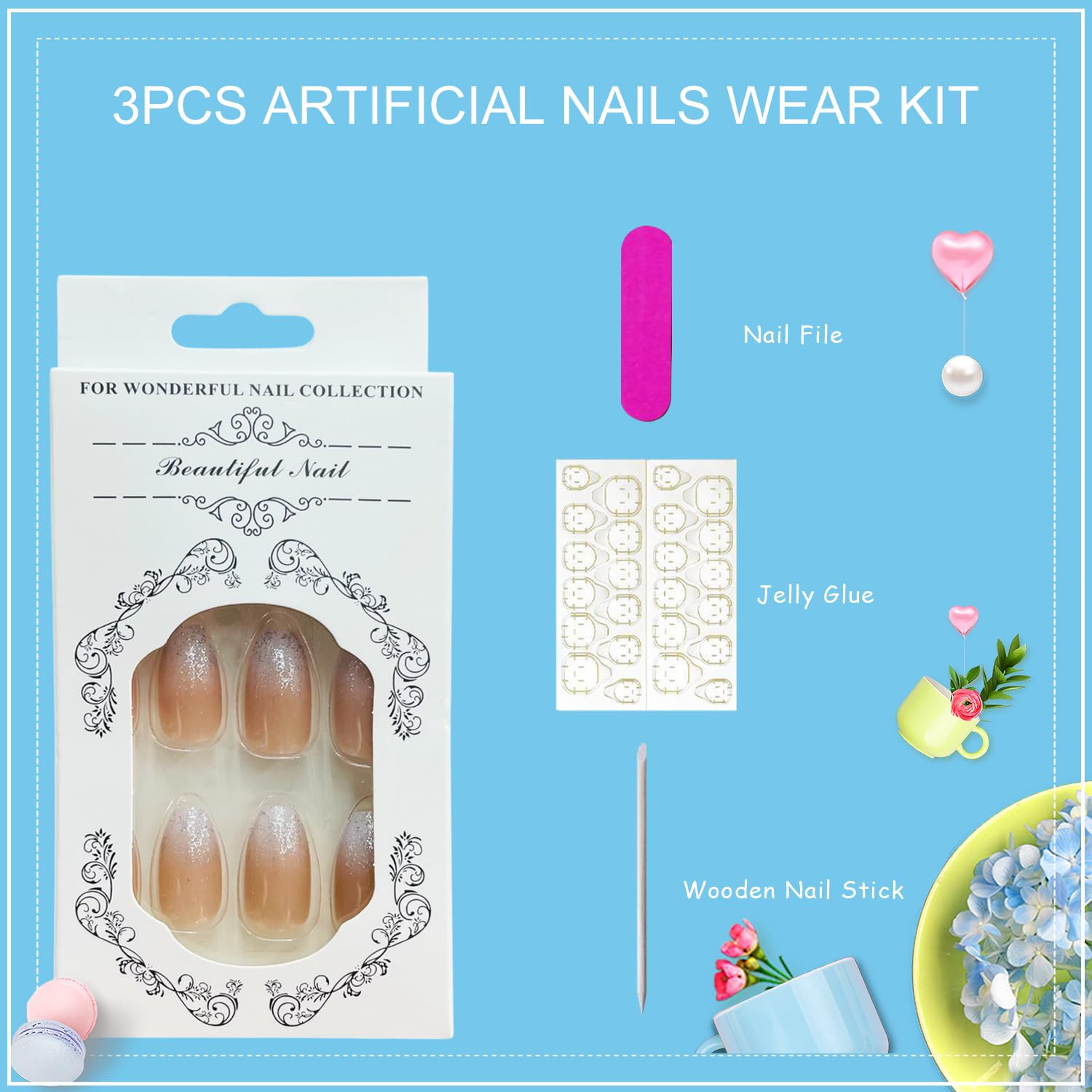 Silver Glitter French Tip Press on Nails Medium Coffin Fake Nails Gradient
