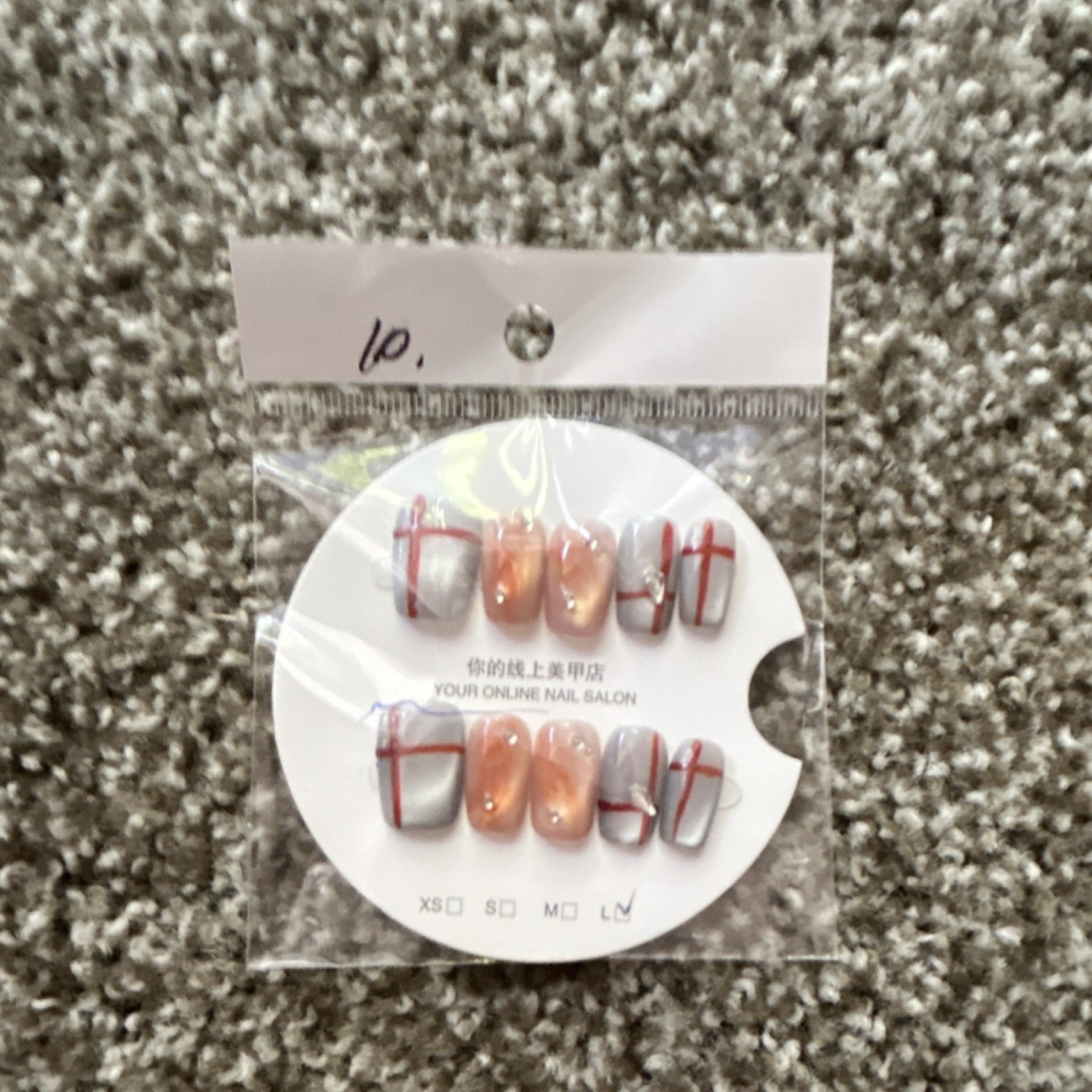 Your Online Nail Salon Long Square Press-On Nails, Peach/Gray/Red Shiny Set