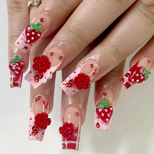 100pcs 3D Pink Red Strawberry Flower Nail Charms Camellia Rose Cherry