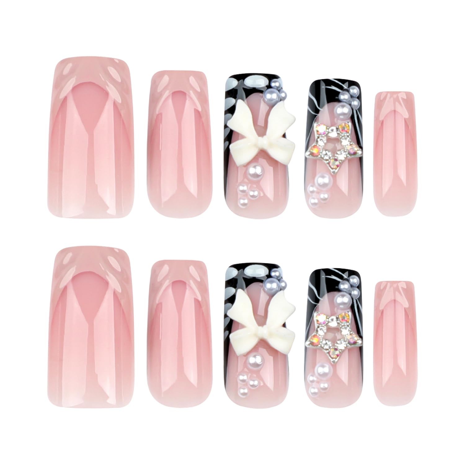 Press on Nails Medium Long Pink Fake Nails 3D Butterfly Knot Pearl Sparkling …