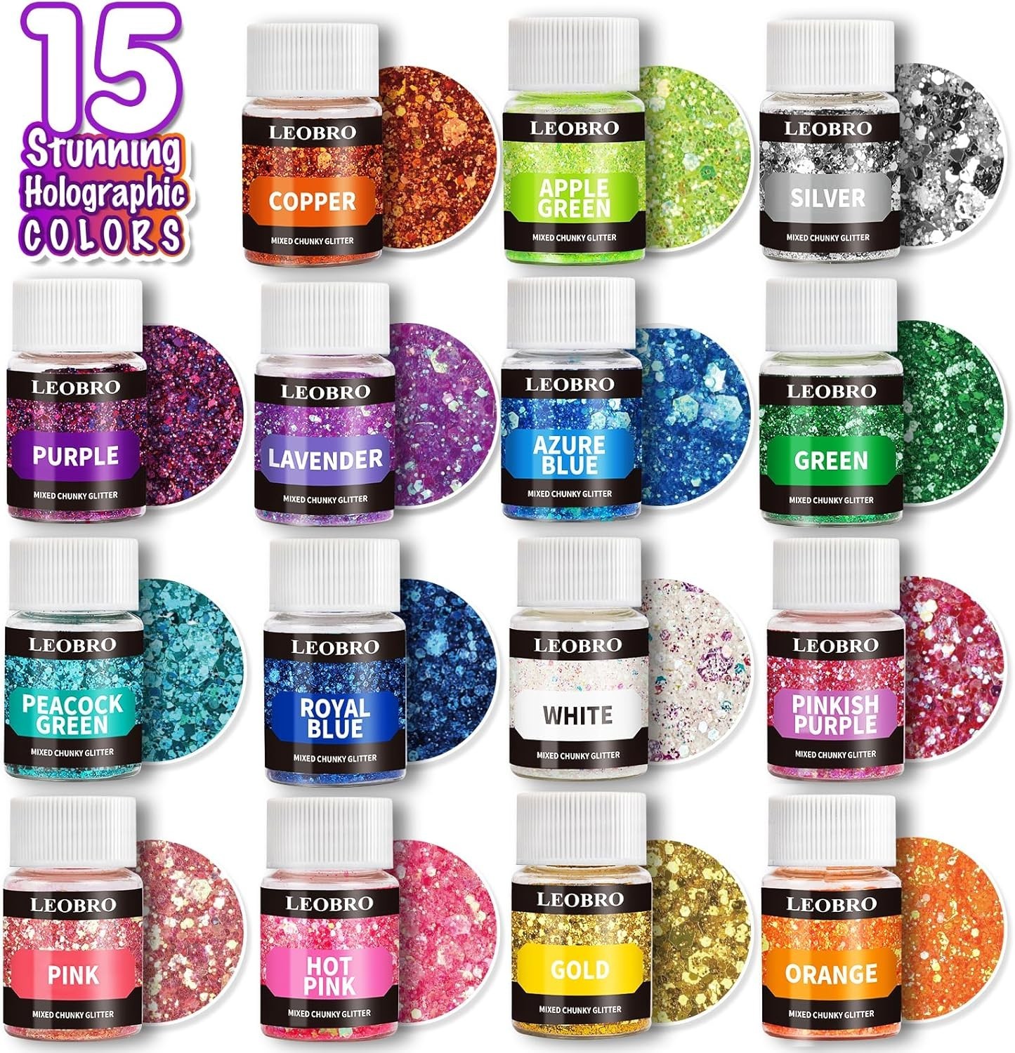 Holographic Chunky Glitter 15 Colors Craft Glitter for Resin Nail Body 5 Mixing
