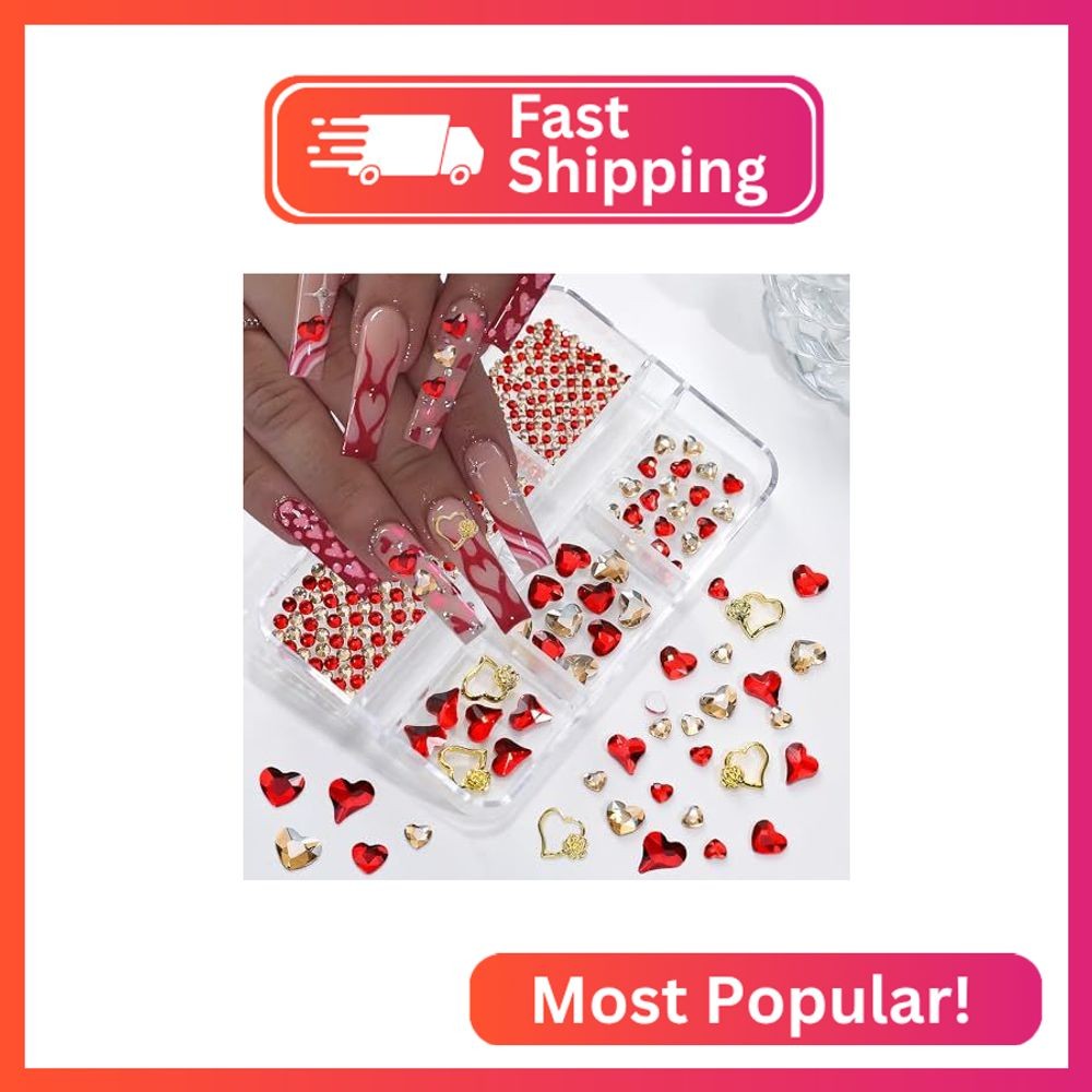 767Pcs Valentines Day Heart Nail Charms for Acrylic Nails – 3D Shiny Alloy Red L