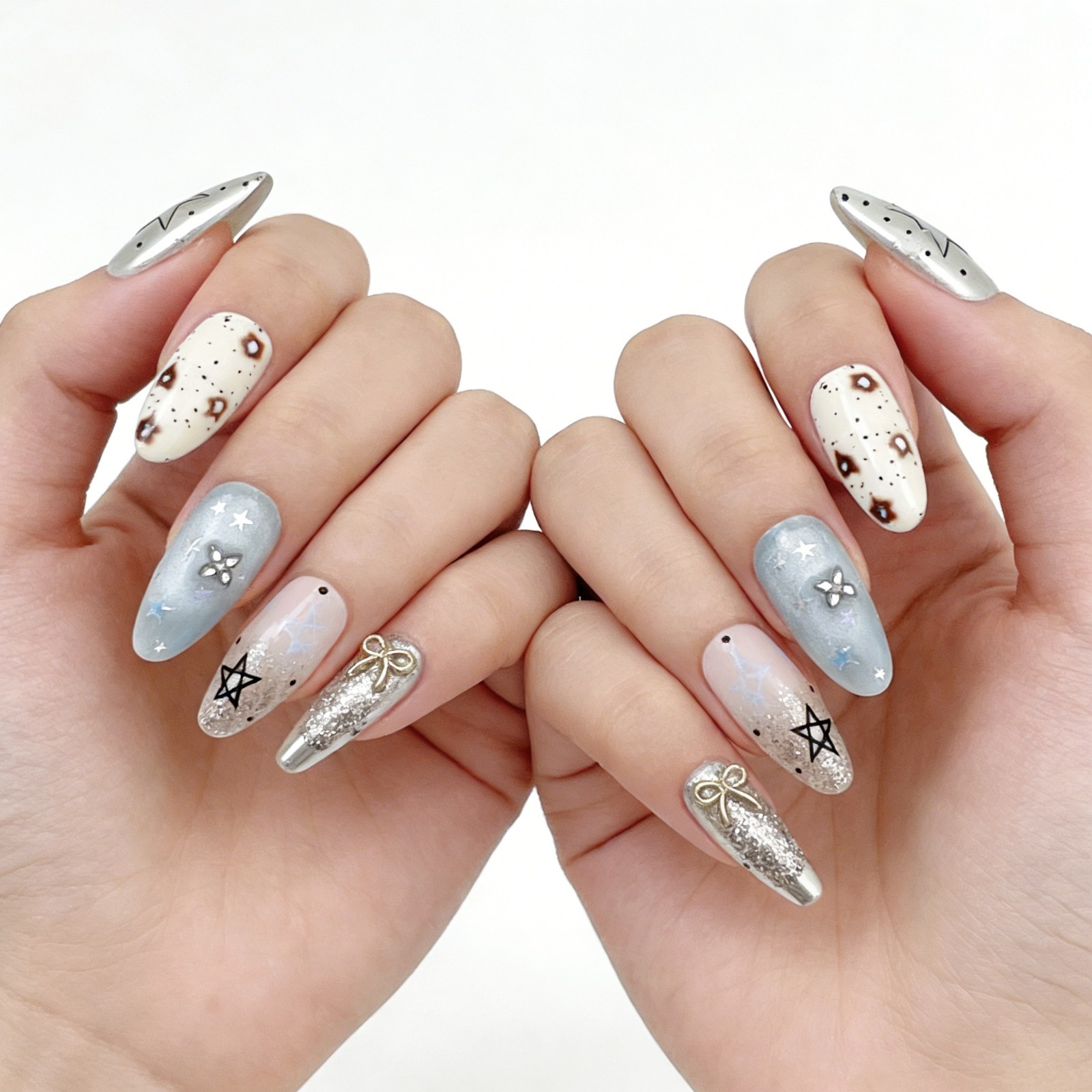 Galaxy Star Glitter Press-On Nails Mismatched Set Handmade Almond Nails Gift