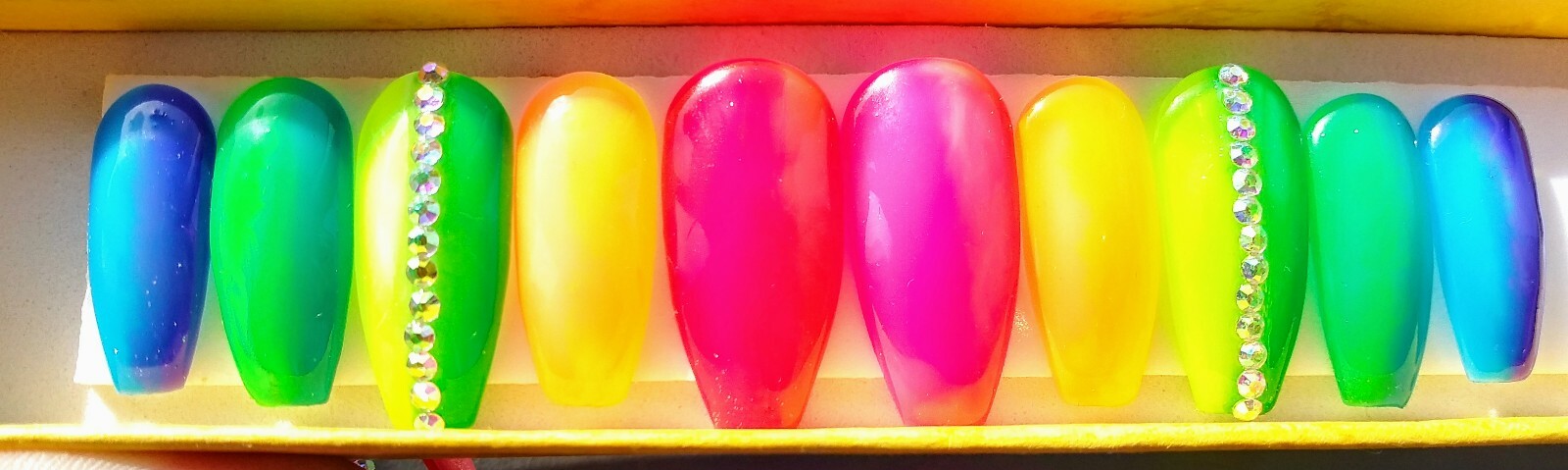 Neon Rainbow ombre gel nails bling long coffin PRESS ON NAILS