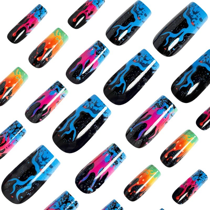 48pcs-Glow-in-the-Dark Fake Nails with Neon Drip Art and Galaxy Sparkle Details