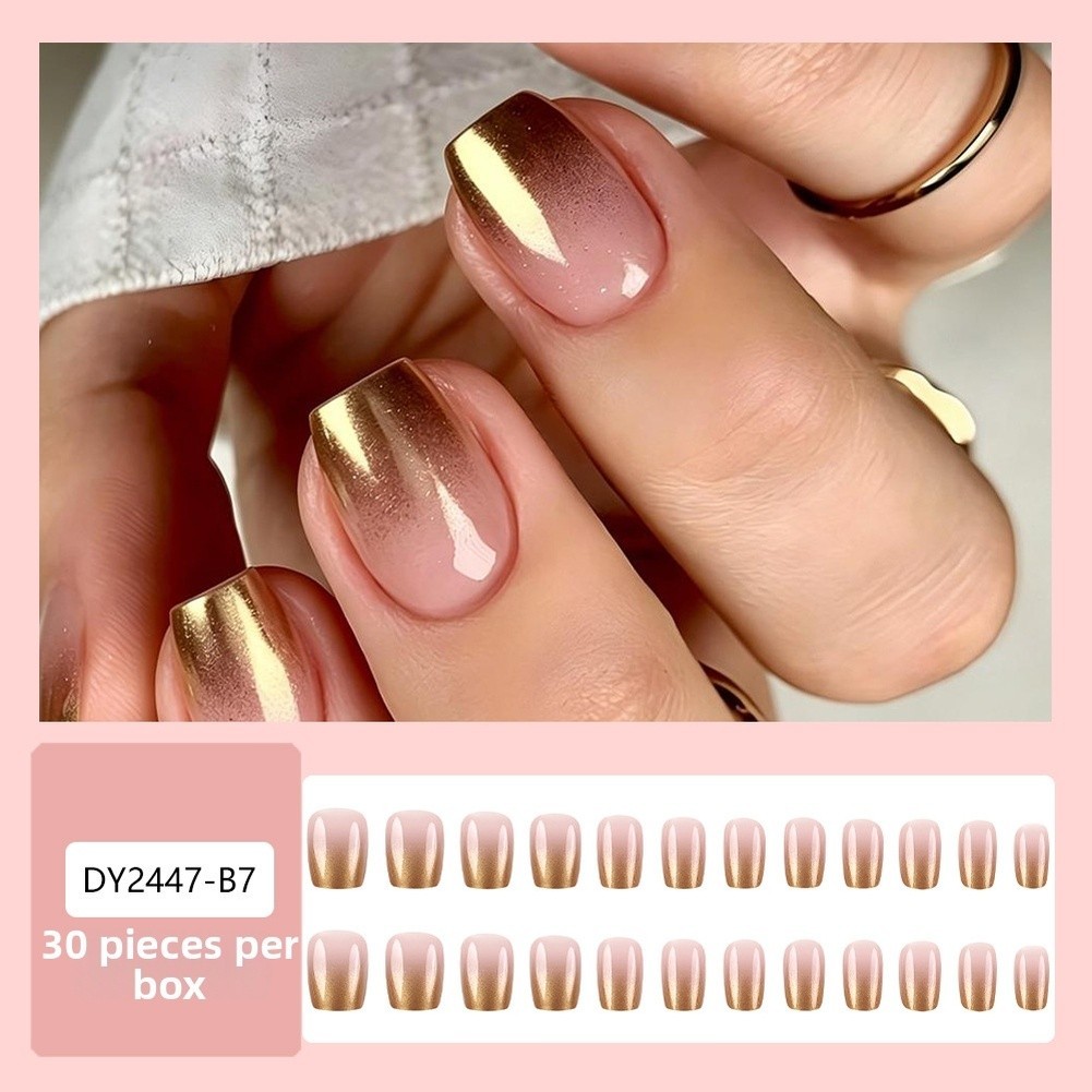 Gold to Pink Gradient Press On Nails Short Square ABS Material 30 Pieces