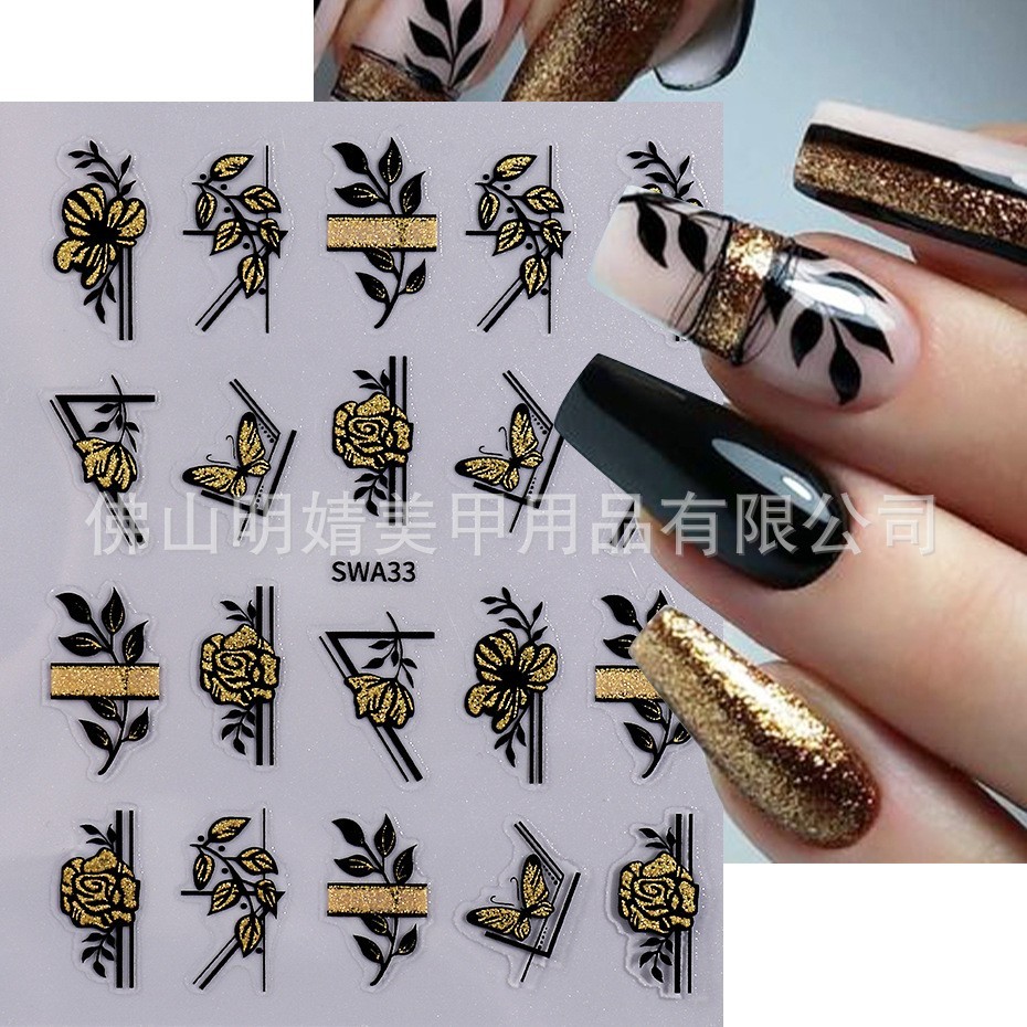 Gold Black Flower Leaf Geometric Nail Art Stickers Self Adhesive SWA33 NH30