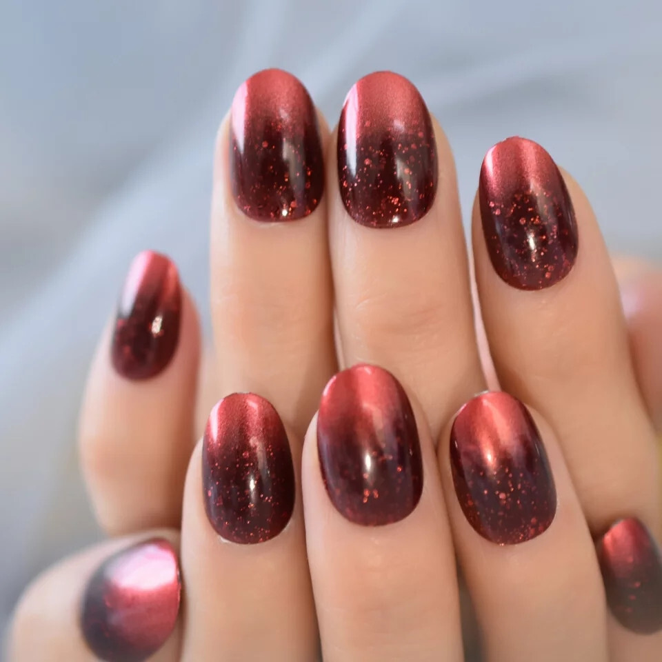 24 Medium Press on Nails kit glue on red galaxy ombre dark glitter