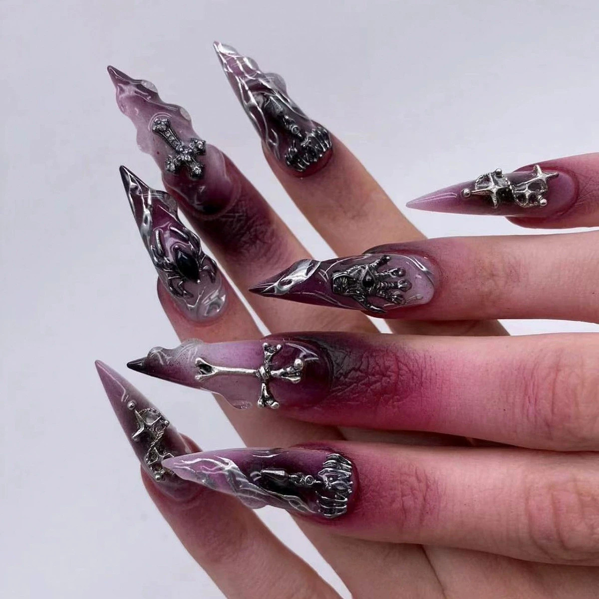 2025 Ins Gothic Style press on nails with 3D Sliver Metal Cross, Long Stiletto