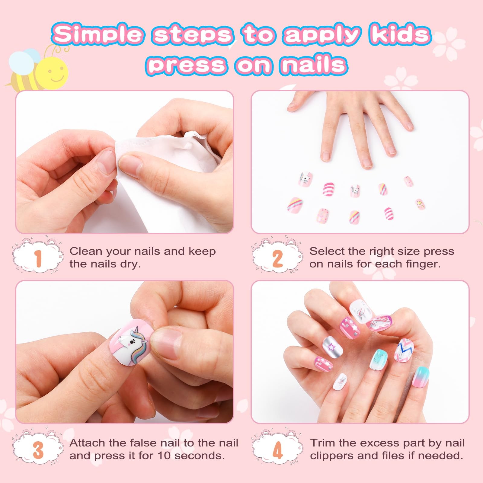 Press on Nails for Kids, 192PCS Kids Press on Nails for Girls Colorful Unicorn