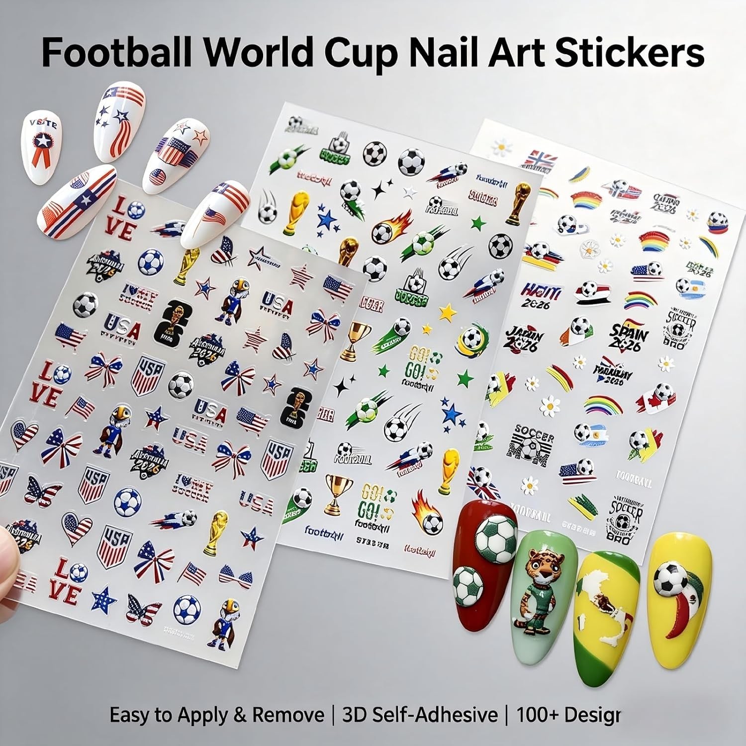 3 Sheets World Cups Nail Art Stickers 5D Self-Adhesive Embossed 2026 Soccer D…