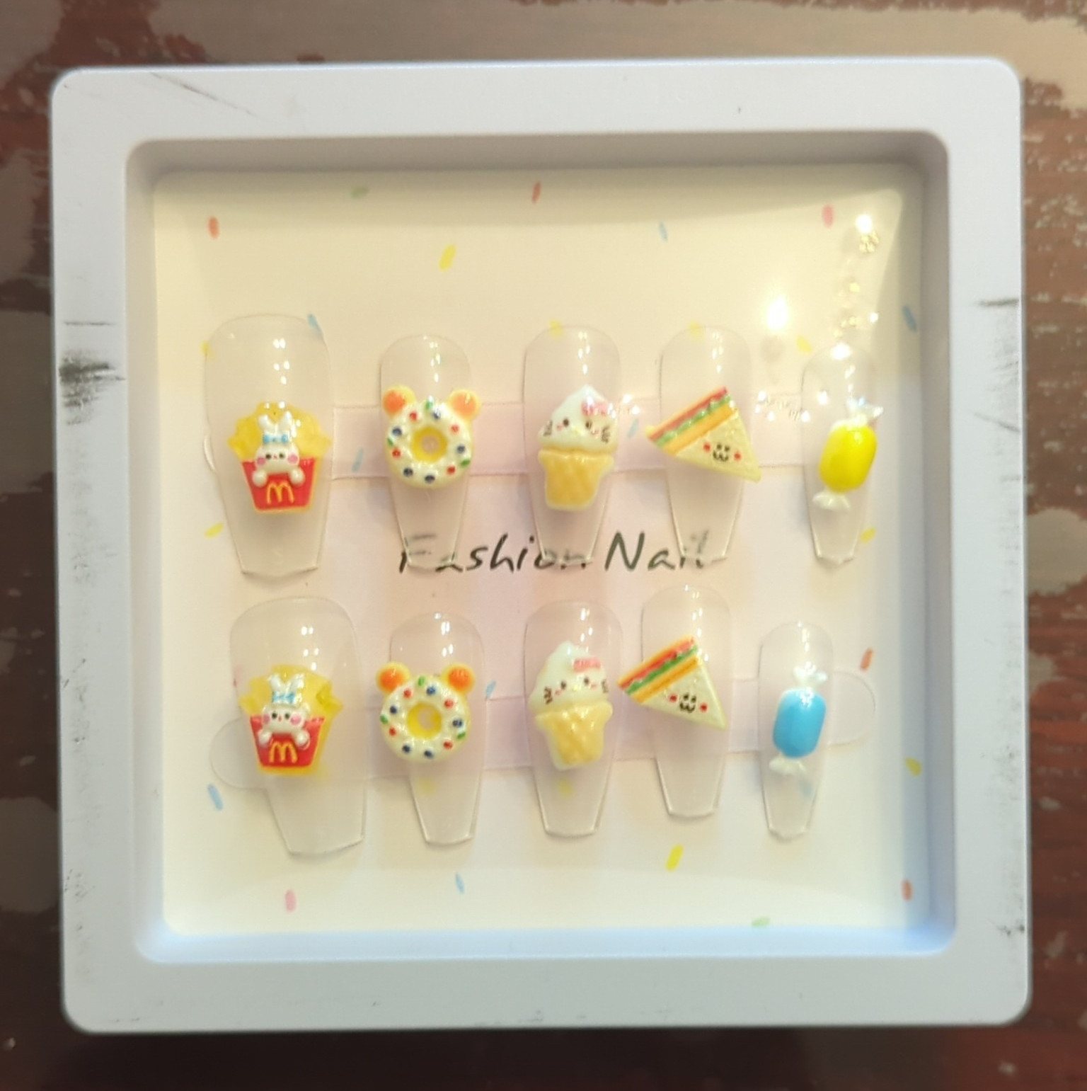 3D Food & Drink Theme Press-On Nails Square Medium Acrylic Clear JM-020