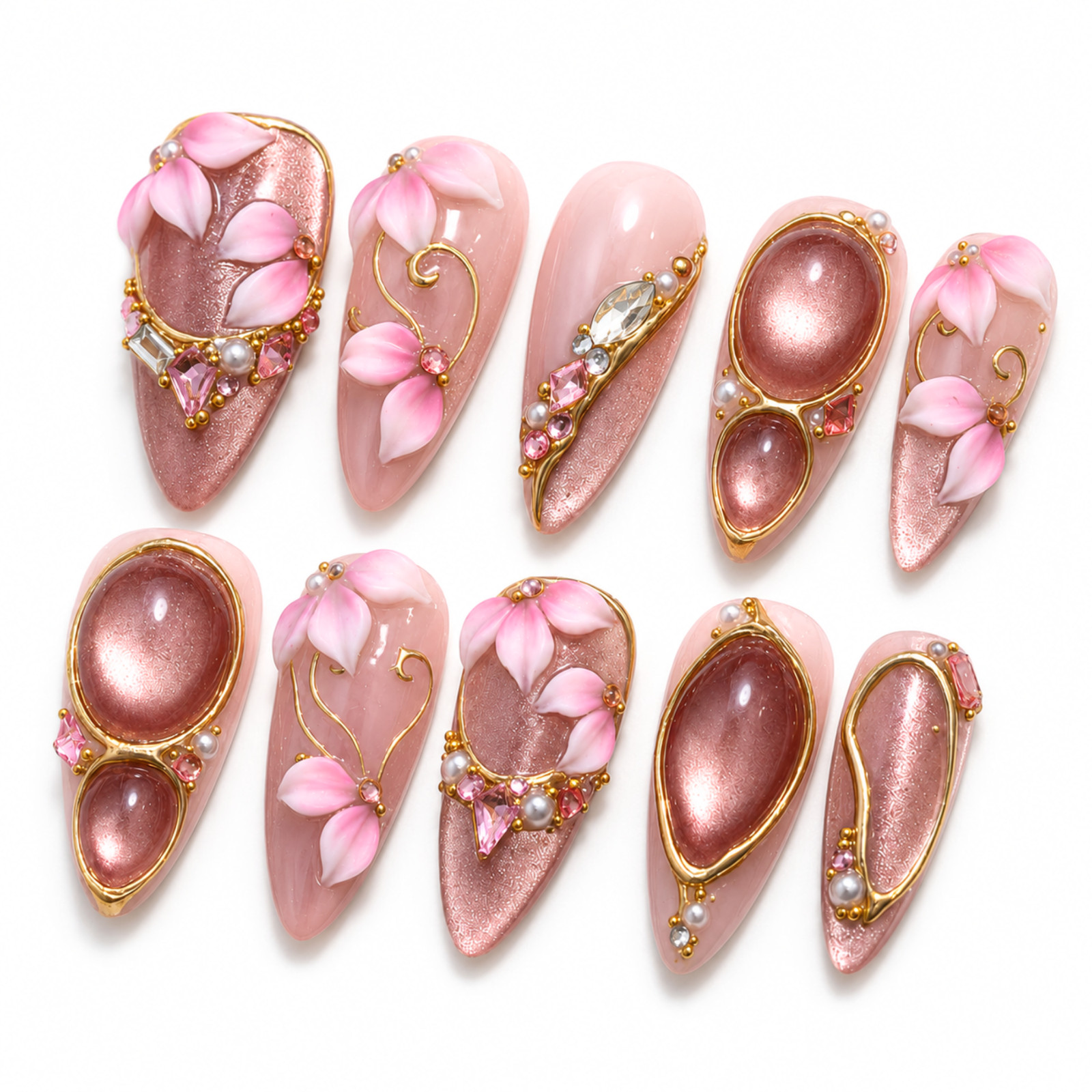 Pink Floral Handmade Press On Nails Rose Gold Cat Eye 3D Gems