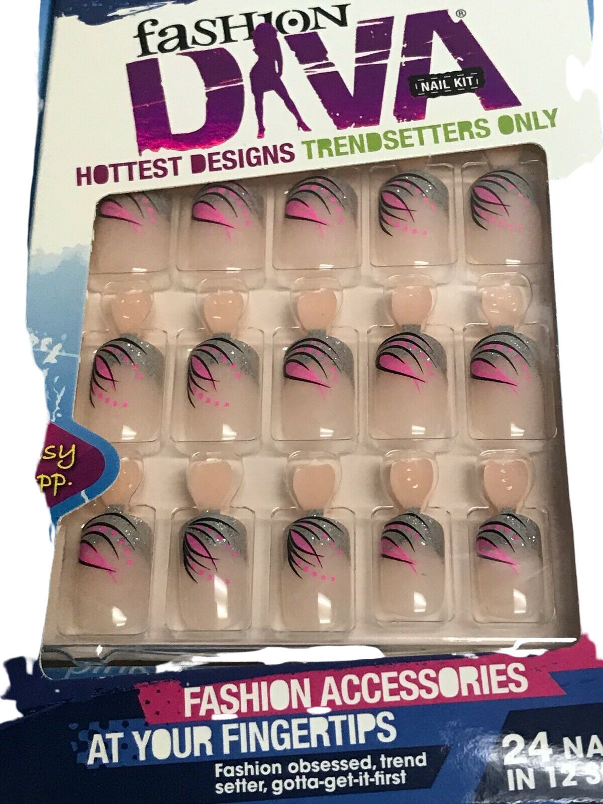 (2) KISS BROADWAY FASHION DIVA NAILS PINK, SILVER BLACK SHORT BGFD01 No Glue