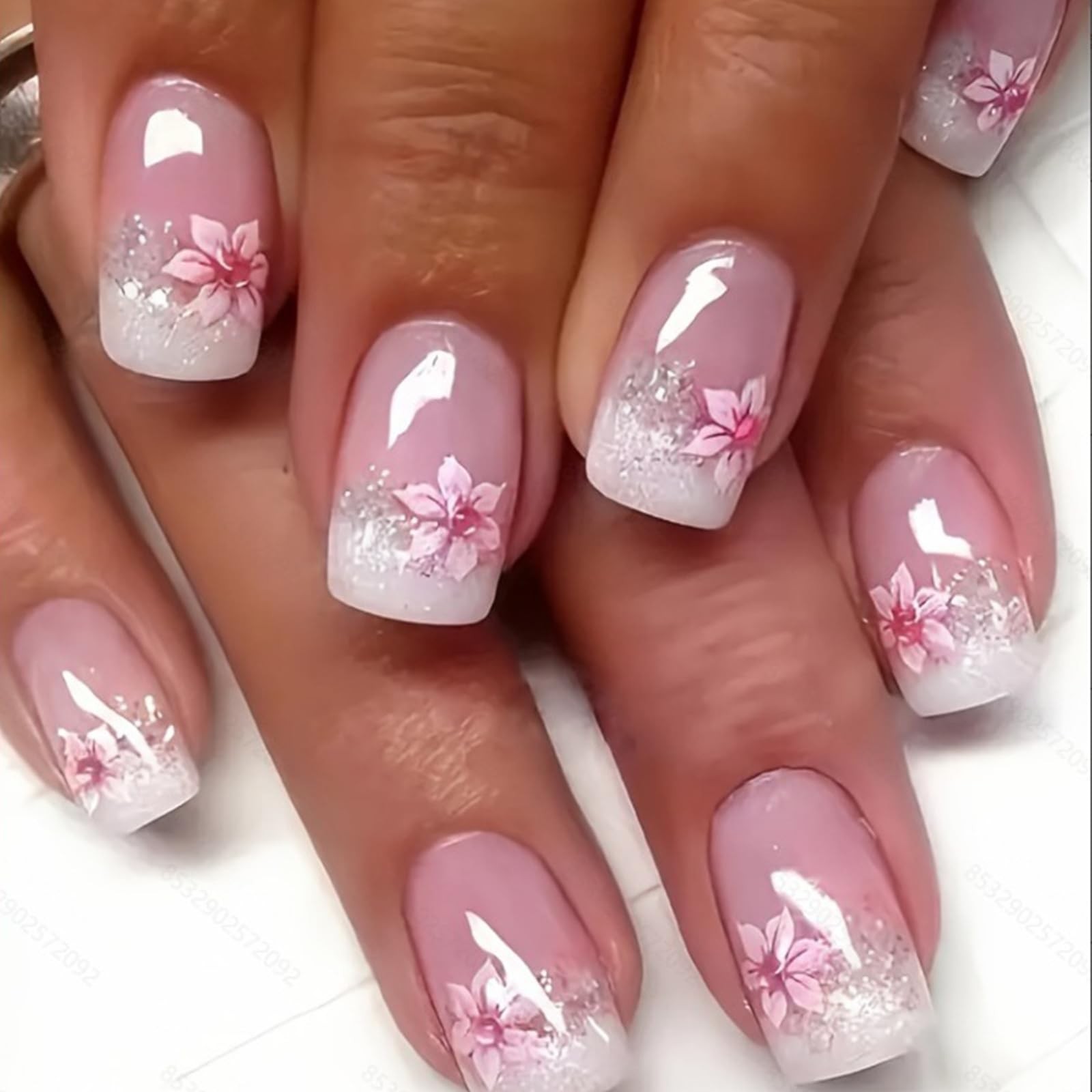 20PCS Pink Semi Cured Nail Strips Spring Summer Ombre Nail Wraps Glossy Flowe…