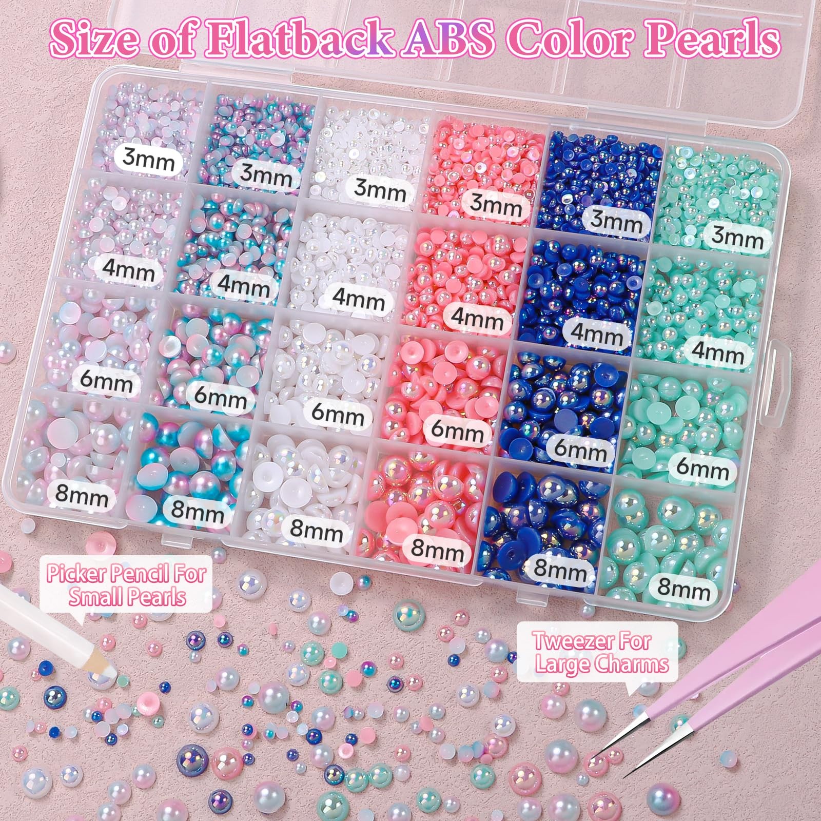 9000Pcs Blue Mermaid White Pink Flatback Pearls for Crafting for Nails Art