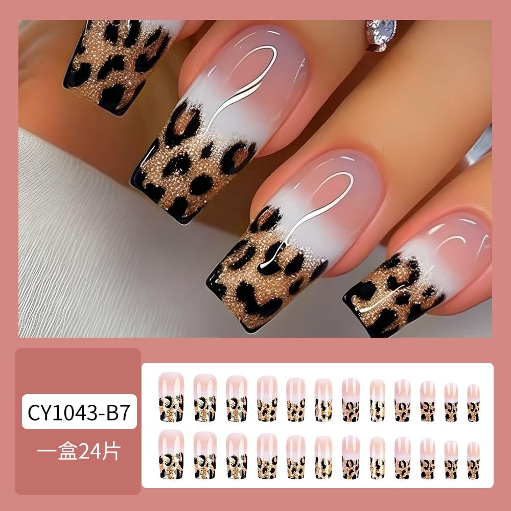 Leopard French Tip Press on Nails Medium Gold Glitter Fake Nails Square False…