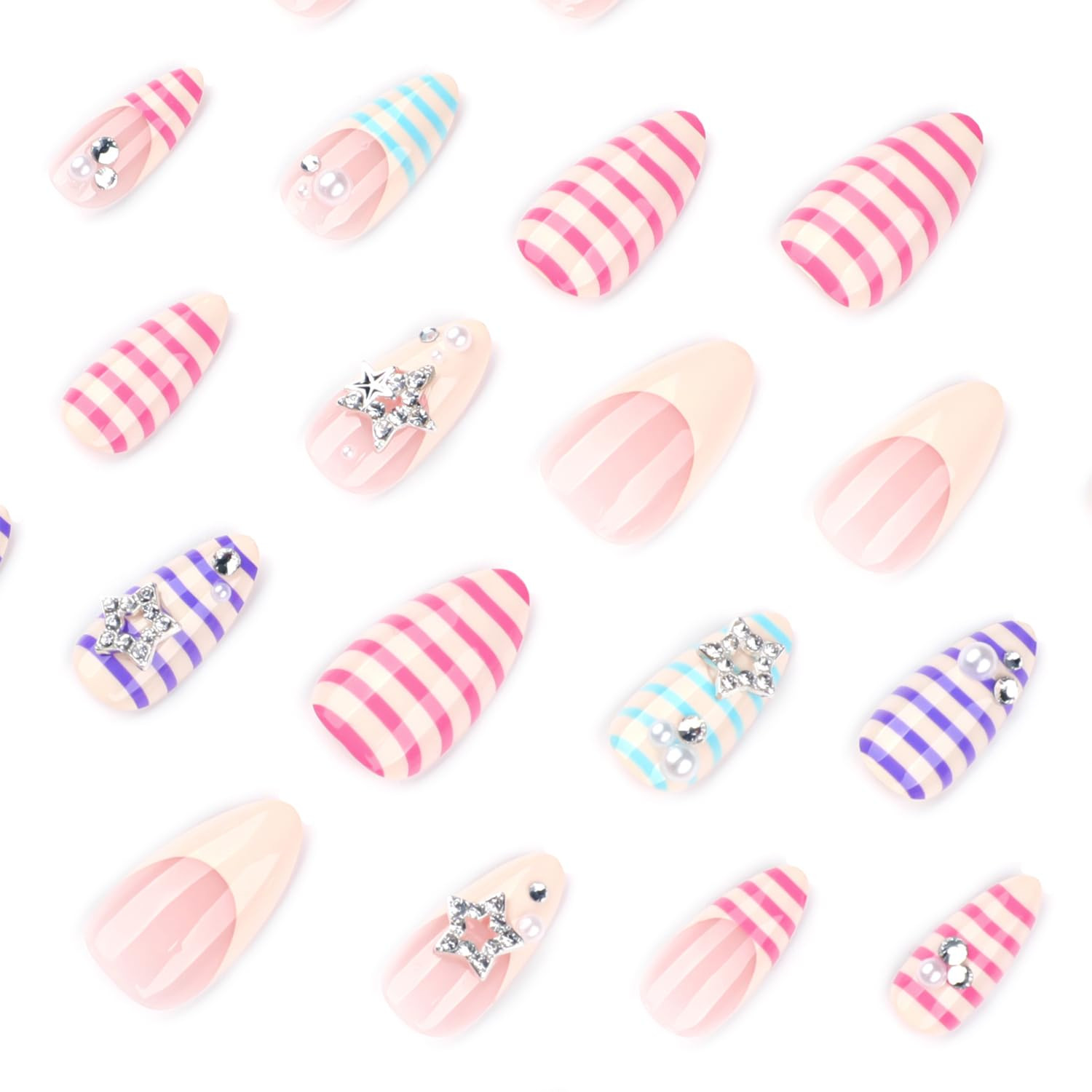 Soft Gel Press on Nails Medium Almond Colorful Stripe Design with 3D Star & Pear