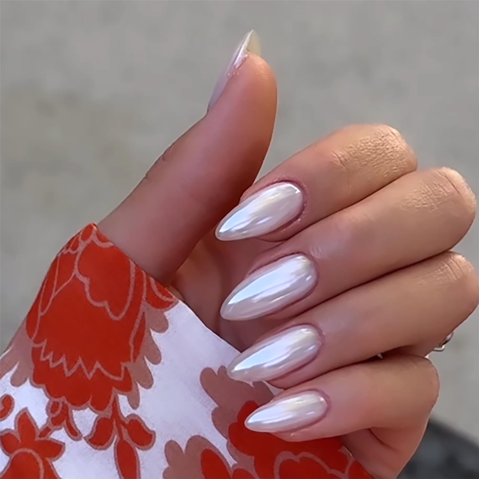 Pearl White Chrome Press on Nails Medium Long Almond, KQueenest Ice Iridescen…