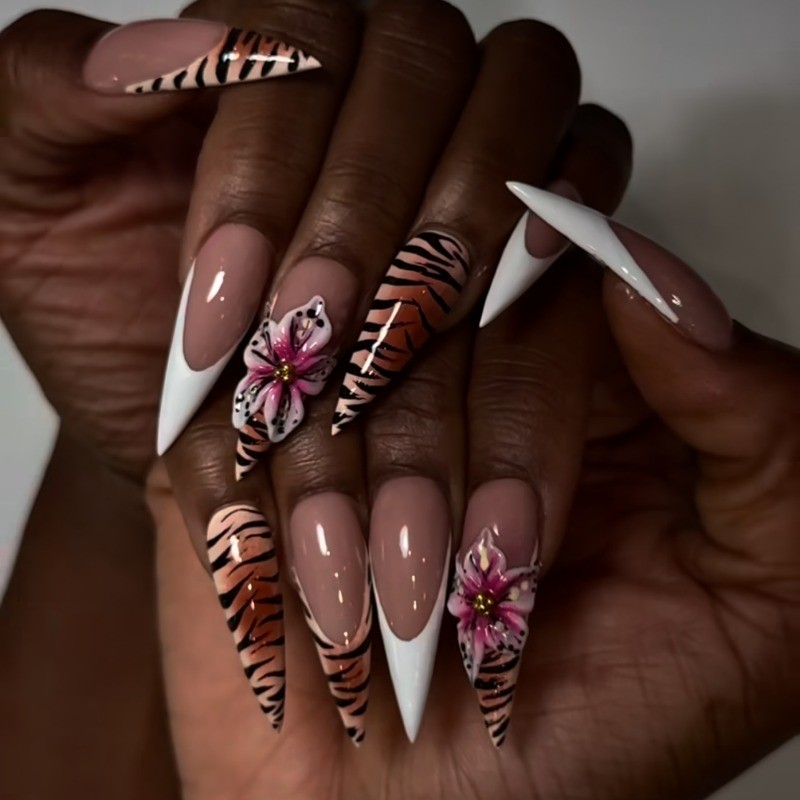 Tiger Print Press on Nails with 3D Pink Flowers and White French Tips, Stiletto