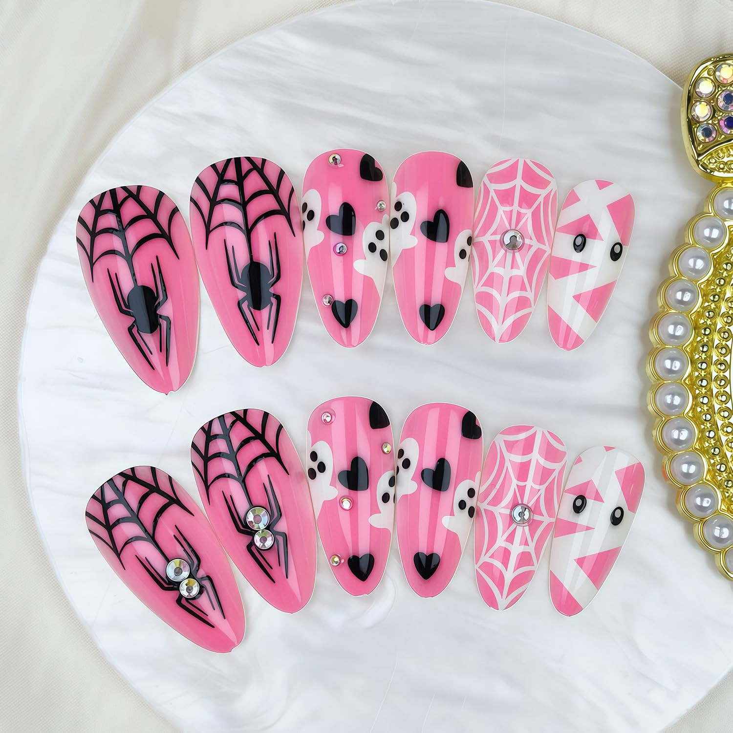24Pcs Halloween Press on Nails Cute Ghost Fake 4in*3in*0.06ib, Multicolor