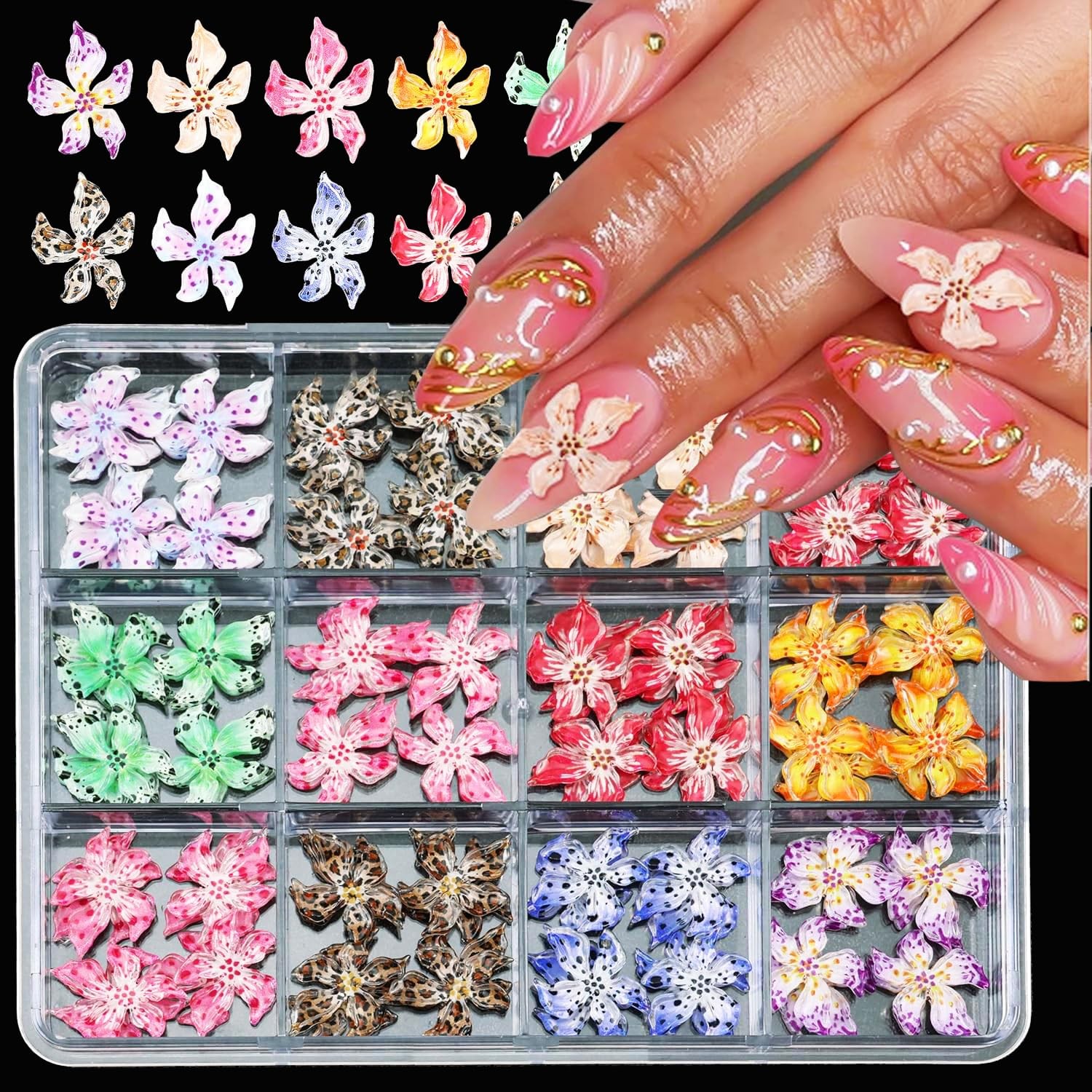 60PCS Flower Nail Art Charms 3D Hawaii Flowers Nail Rhinestones Colorful