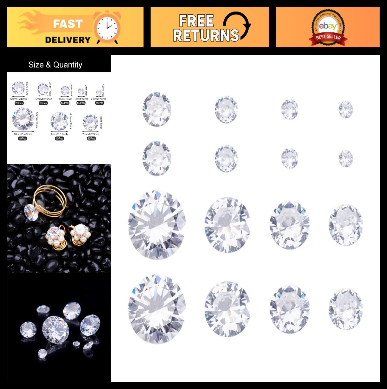 230 Pcs Cubic Zirconia Cabochons – 8 Sizes Round Faceted Loose Stones for Nail A