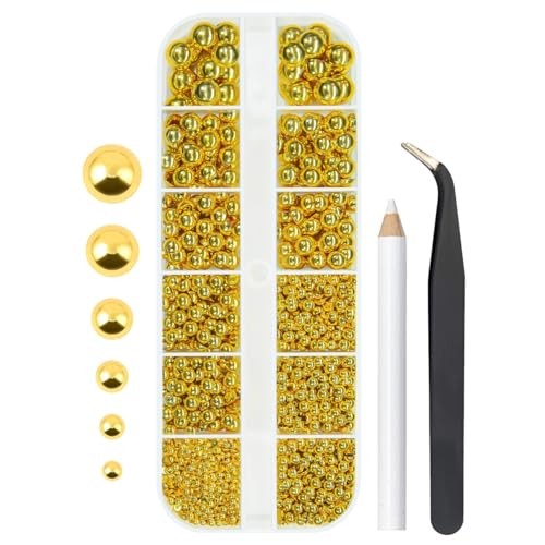 qiipii 2mm-8mm ﻿Gold Flatback Pearls Nail Charms and Gems Half Pearls Golden