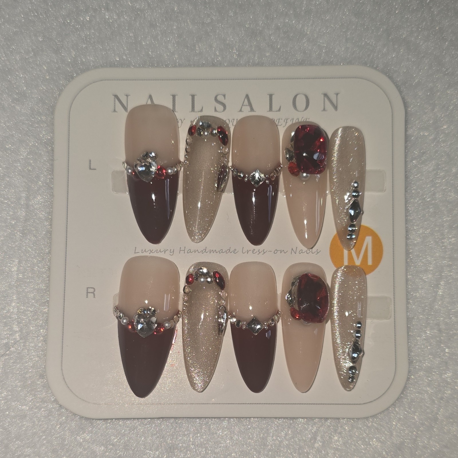 NAIL SALON Long Stiletto Beige Brown Gold Red Shiny Rhinestone PressOn Nails #27