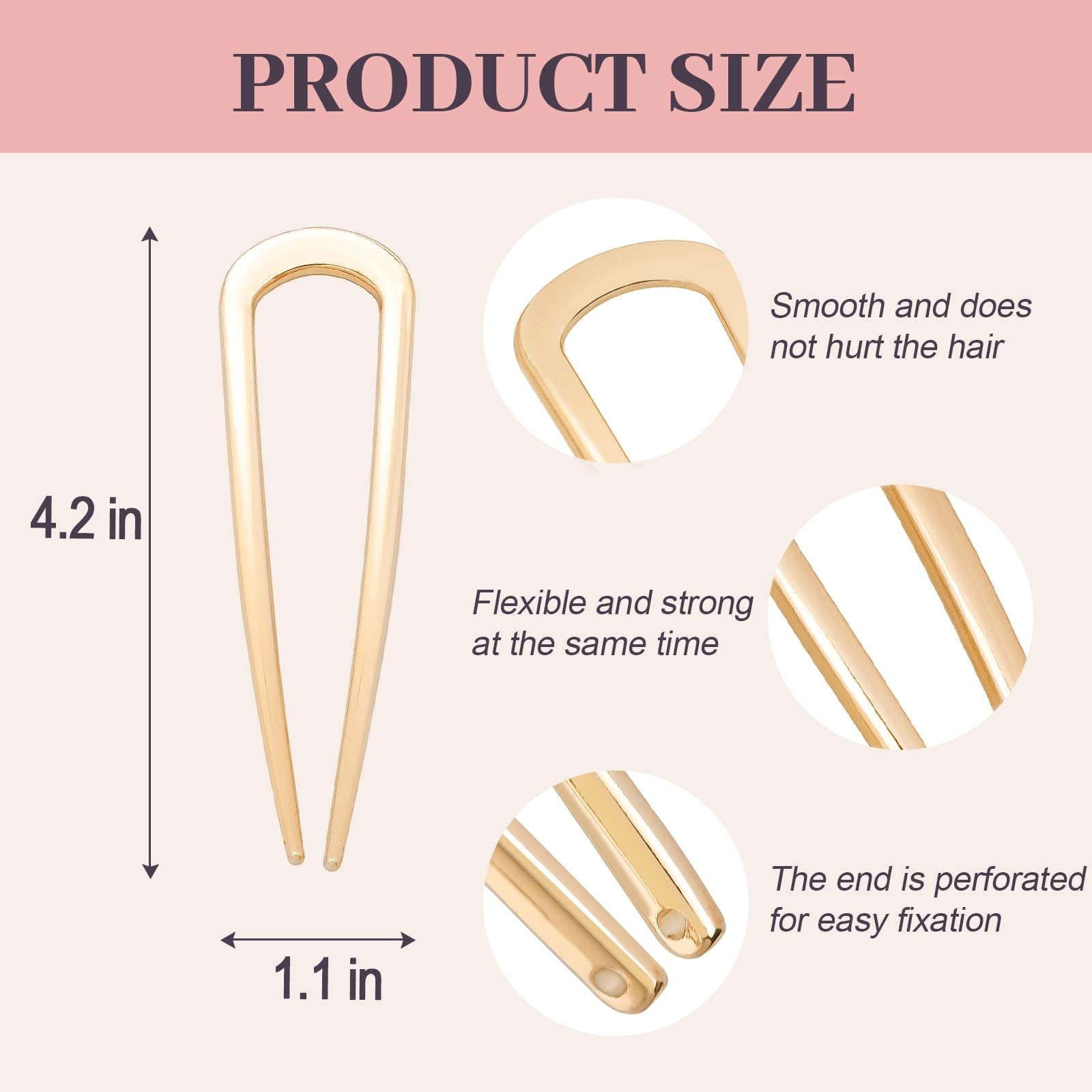 JIRIS 2PCS 4.2Inch French Hair Pins U-Shaped for Women and Girls Gold