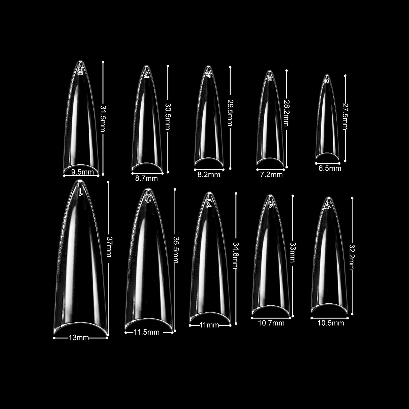 BeYou Clear Long Stiletto 500pcs False Fake Gel Nail Tips,10 Sizes With Clear