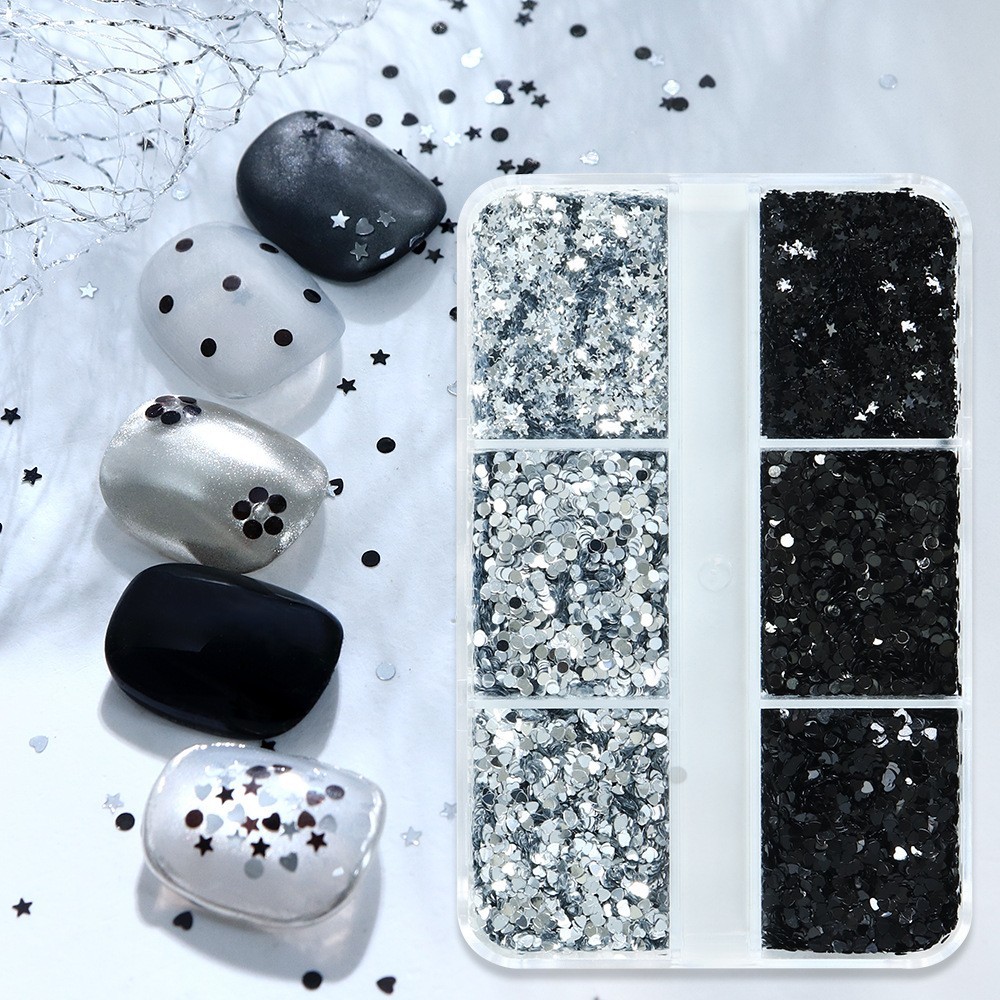 6 Grids 1MM Silver Black Nail Glitter Sequins Heart Star Flakes for Nail Art DIY