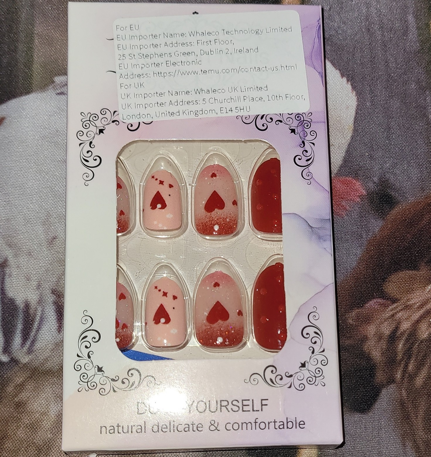 Pre-Designed Press-On Nails Shiny Red Pink Heart Design for Finger