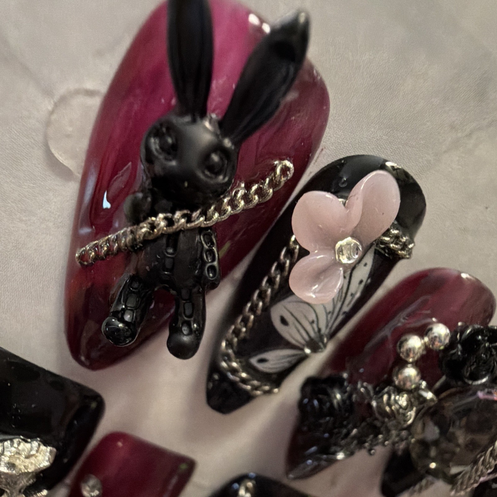 3D Butterfly Coffin Press-On Nails Long Full Cover Black Burgundy Pre-Designed