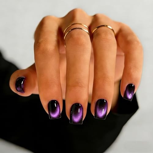 Cat Eye Press on Nails Short, Handmade Press on Nails square black purple