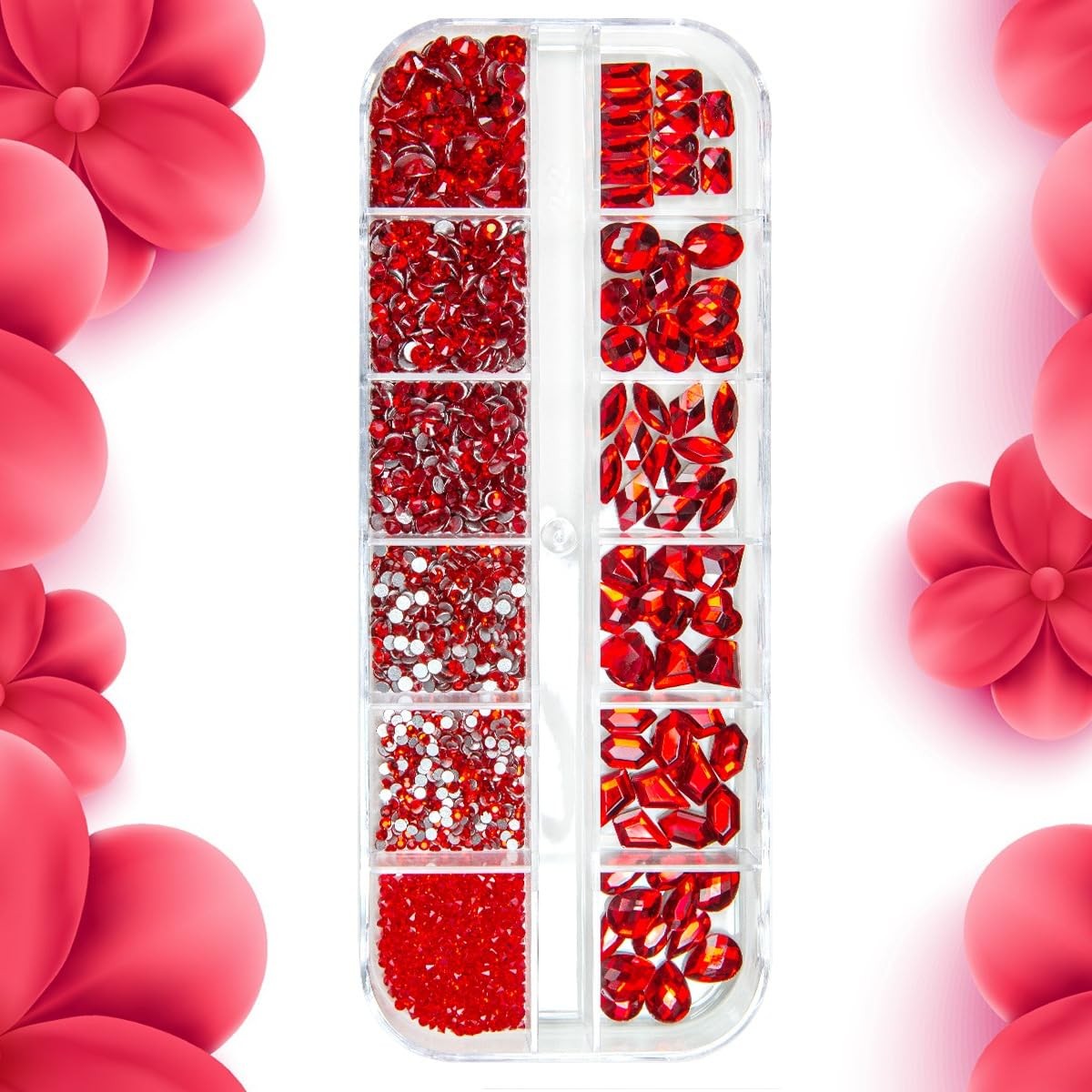 2052Pcs Nail Art Rhinestones Multi Shapes Crystal Flatback A Set Red