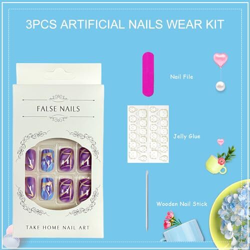 Blue Press on Nails Short Square Fake Nails Ombre False Nails Purple Gradient