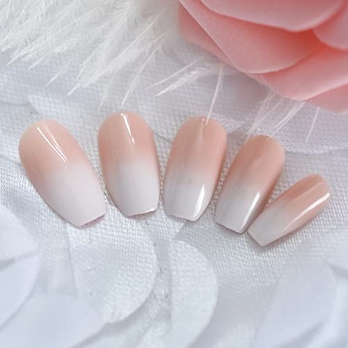 Ombre Pink Coffin French Fake Nails Ballerina Gradient Press On Coffin L5539