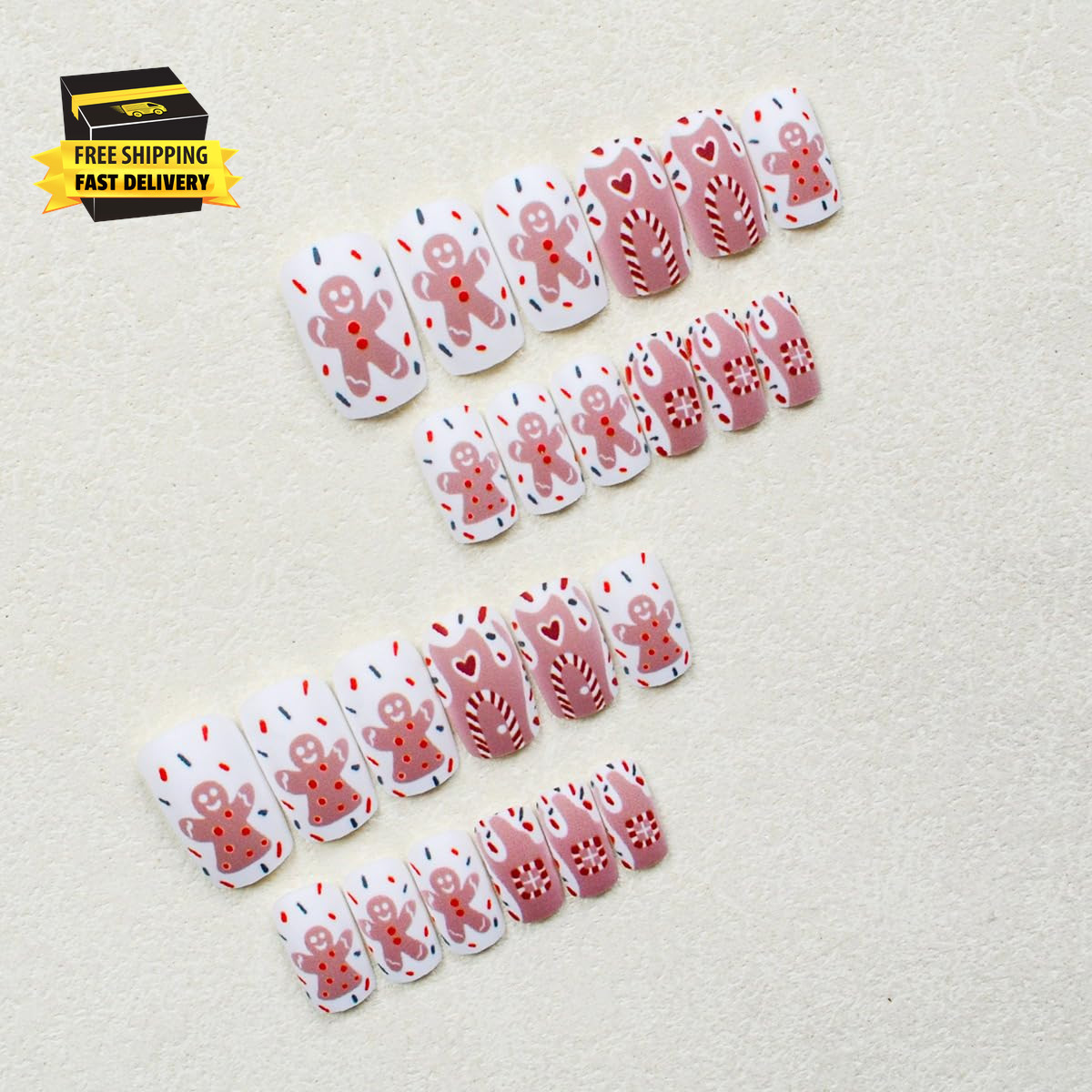 Christmas Gingerbread Man Press on Nails Short Square Fake Nails with Cute Candy