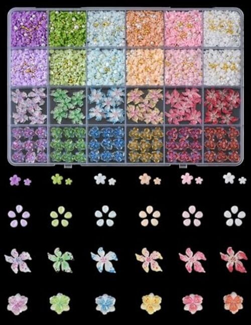 3000 Pcs 3D Flower Nail Charms and Gems 24 Grid Charms Set 1 – 4 styles Flowers