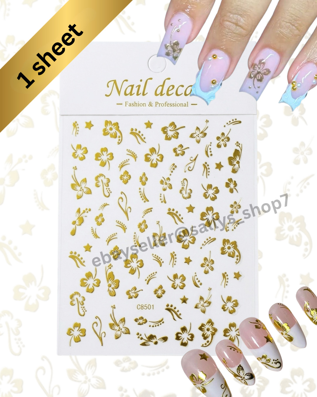 Hibiscus Nail Art Decals Tropical Flower Summer DIY Manicure Sticker Pink Gold