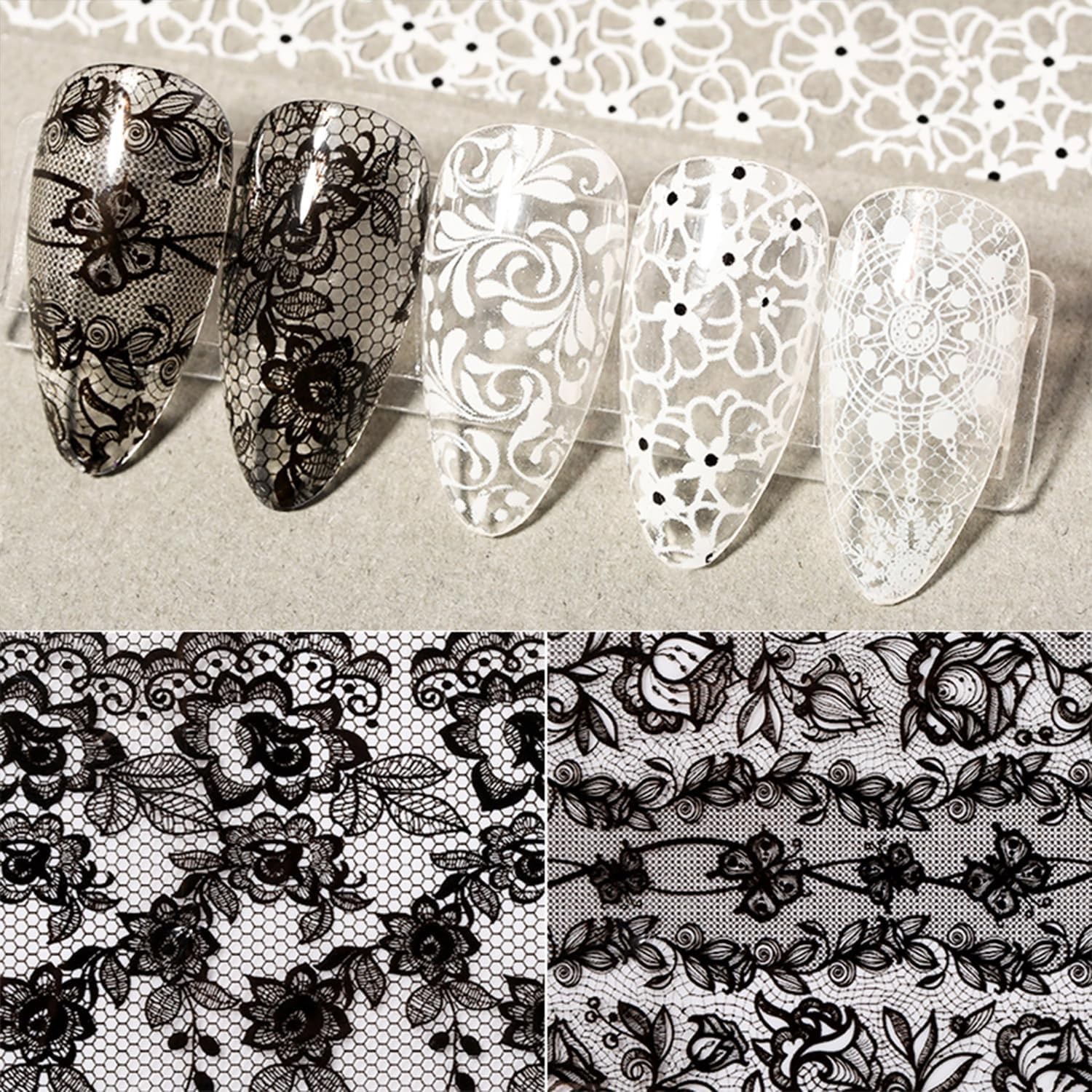 20 Rolls Lace Flower Nail Transfer Foil White Black Holographic Decals for Nails